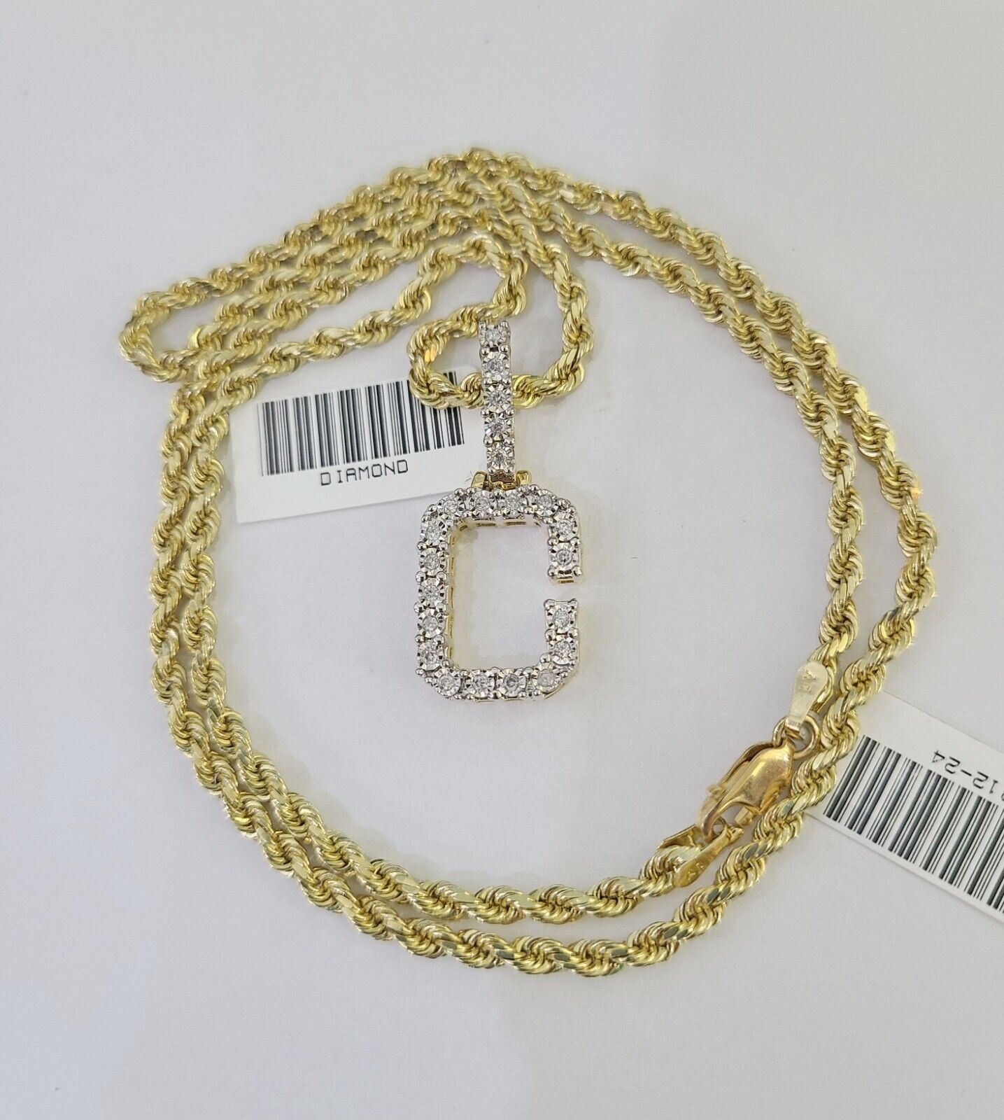 10k 3mm Rope Solid Chain C Diamond Pendant Alphabet 18"-28" Gold Charm Necklace