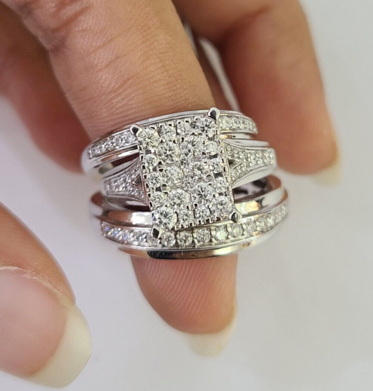 REAL 14k Diamond Ring White Gold Ladies Men Trio SET Wedding Engagement Genuine