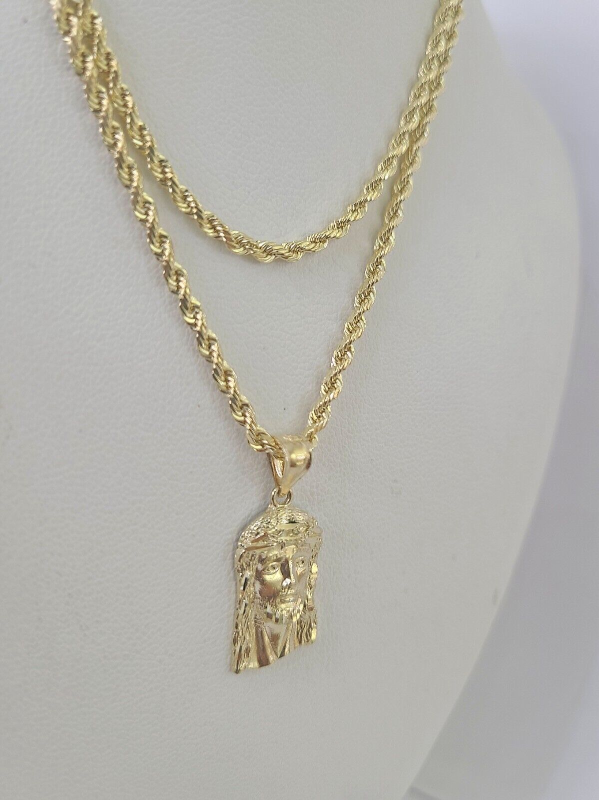 10k Rope Chain Jesus Head Pendant 18"-30" Yellow Gold Set Charm Necklace 3mm