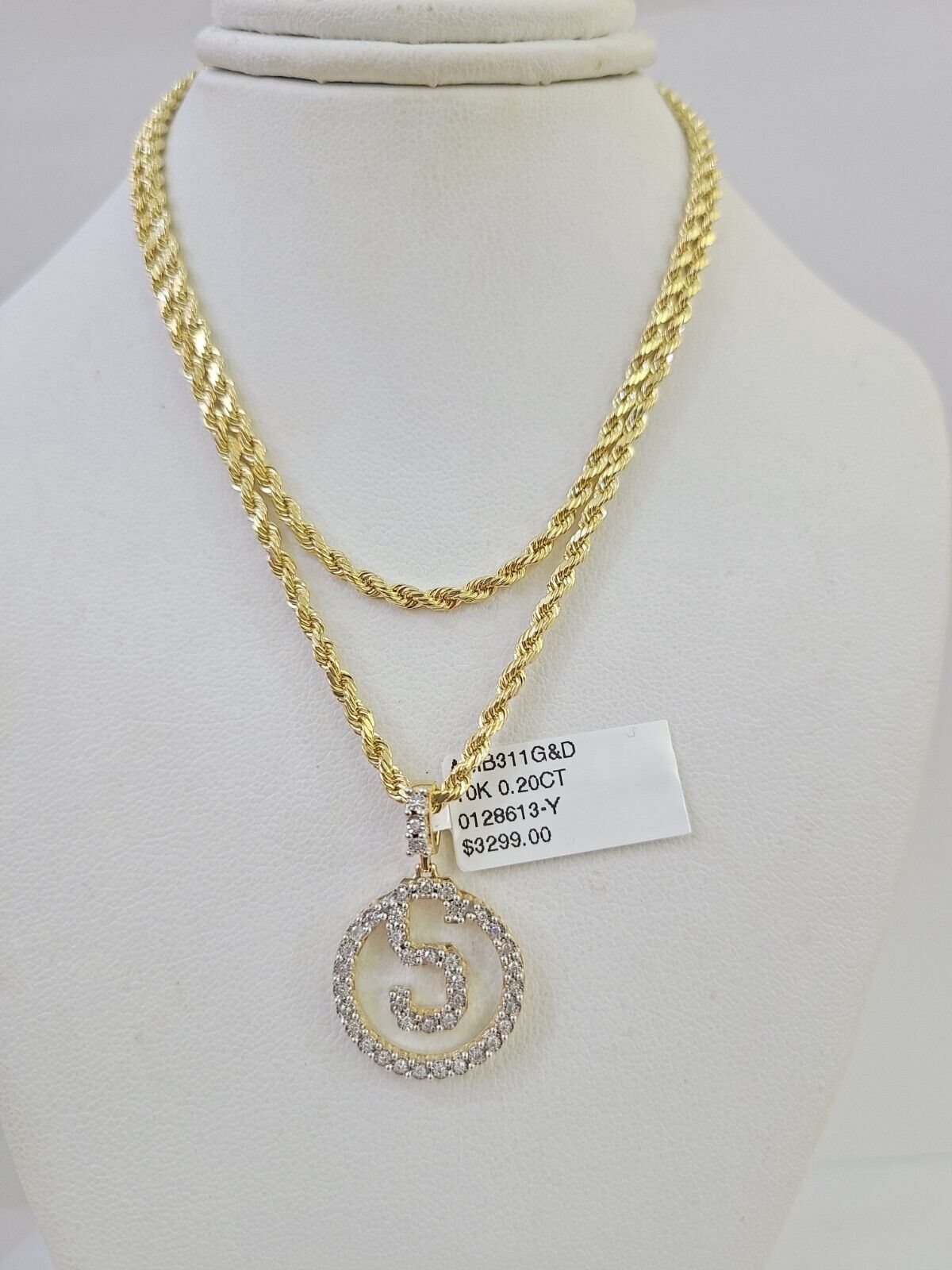 10k 3mm Rope Chain S Diamond Pendant Alphabet 18"-30" Gold Set Charm Necklace