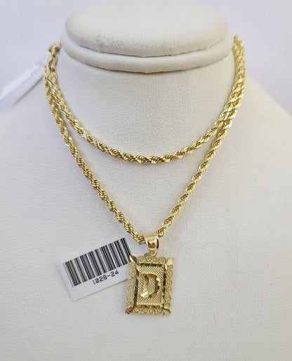 10k Gold Initial D Charm Rope Chain 16"-26" 2.5mm SET Necklace Alphabet Pendant