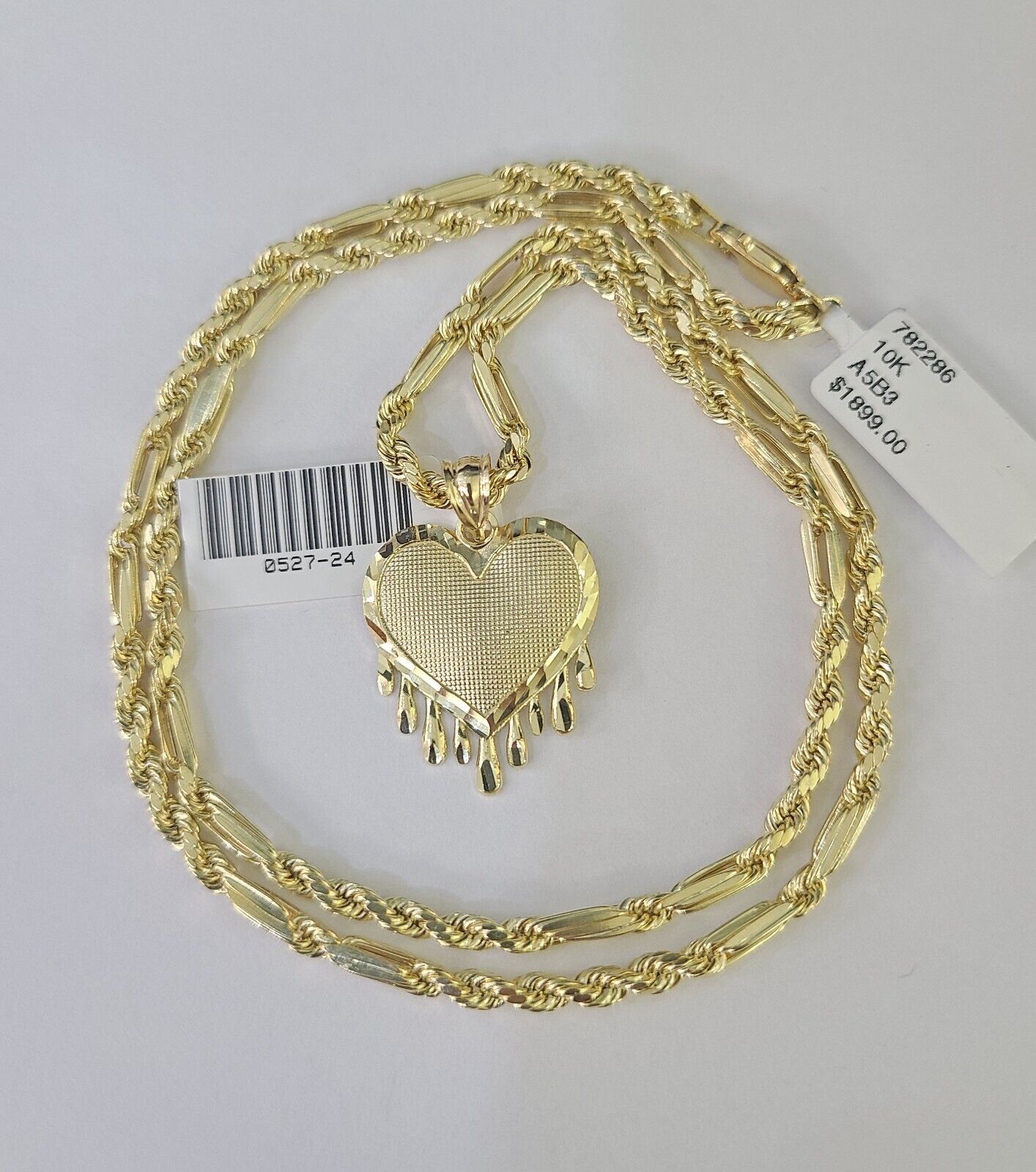 10k Milano Rope Chain Heart Charm Necklace SET 3mm 18" 20" 22" 24" Pendant