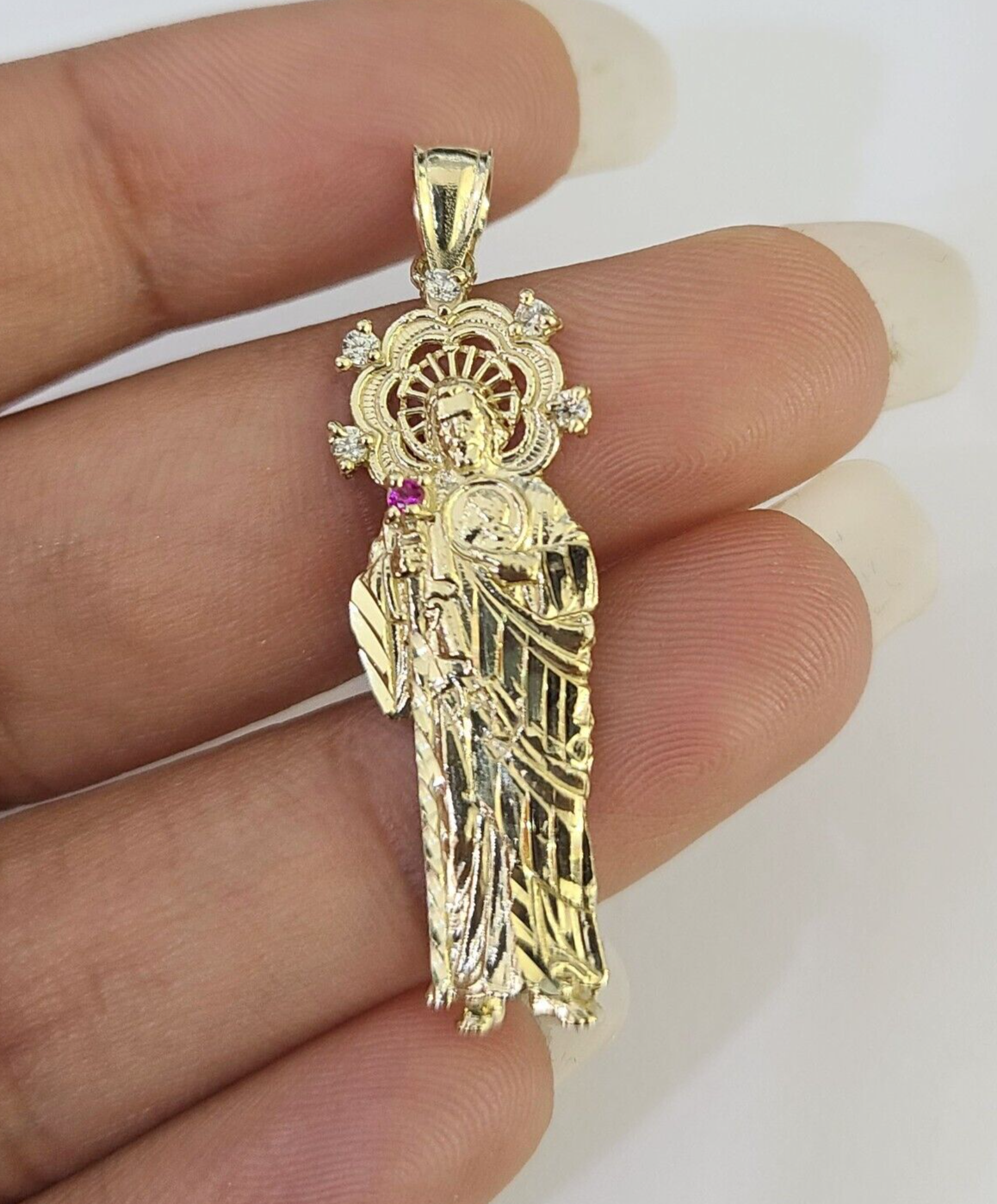 Real 10K Gold Saint Jude Charm Diamond Cut 10kt yellow Gold Pendent 1.5"