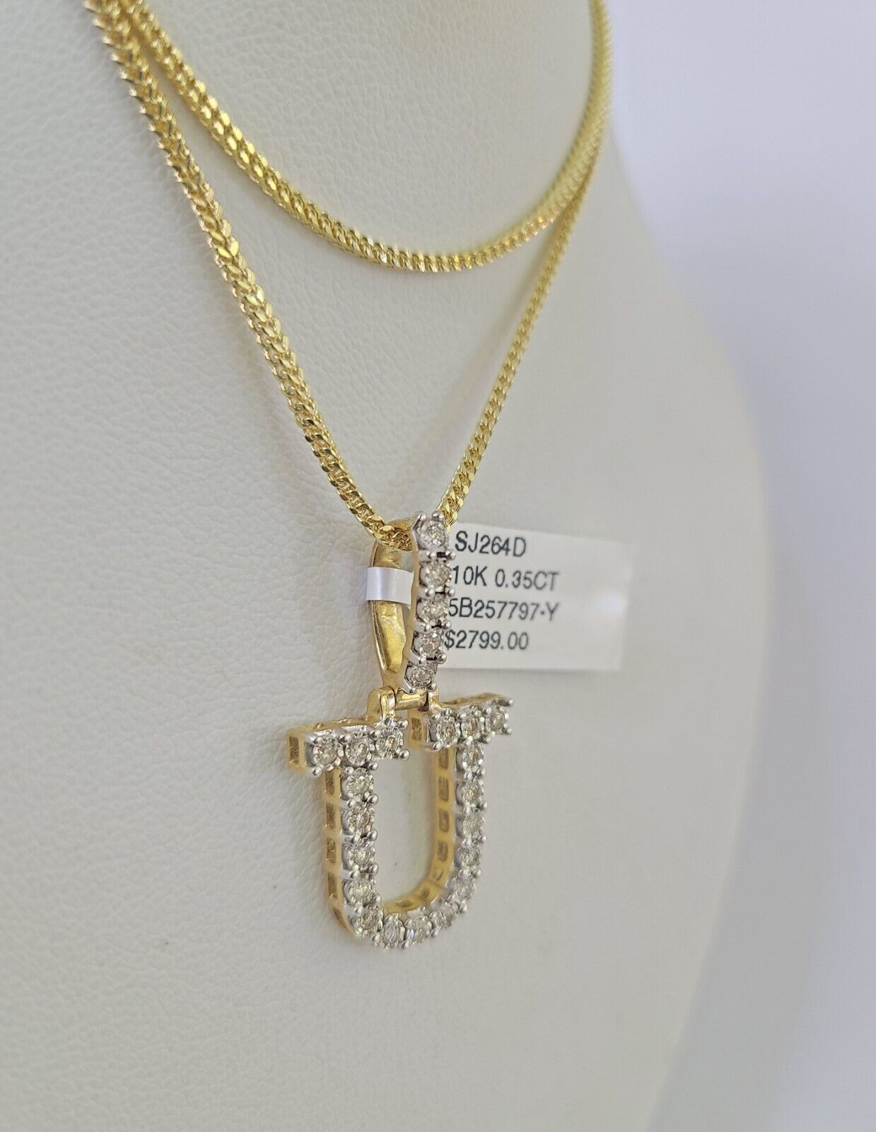 10K Franco Chain Diamond U Pendant Initial Charm Letter Necklace 18"-24" 1.5mm