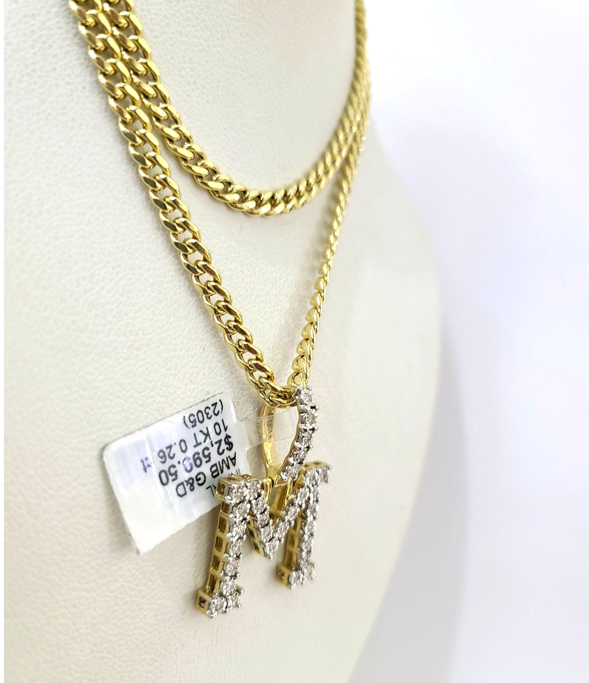 10K Gold Miami Cuban Chain M Diamond Initial 18"-24" 2mm Pendant Necklace SET