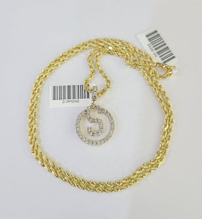 10k 3mm Rope Chain S Diamond Pendant Alphabet 18"-30" Gold Set Charm Necklace