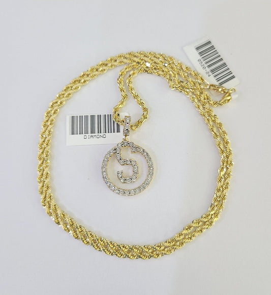 10k 3mm Rope Chain S Diamond Pendant Alphabet 18"-30" Gold Set Charm Necklace