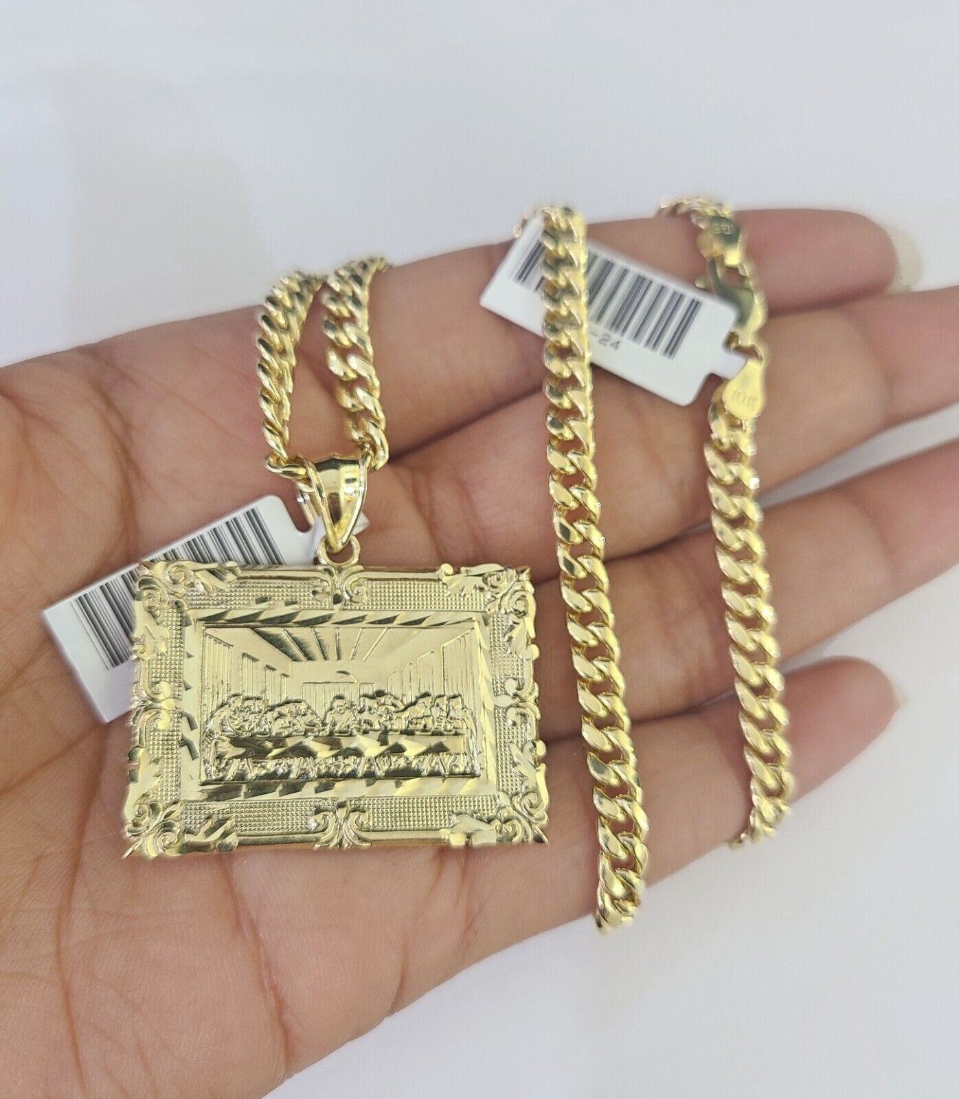 10k Last Supper Charm Miami Cuban Chain Pendant Set 5mm Necklace Yellow Gold