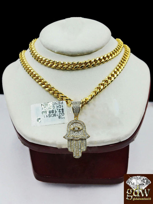 10k Yellow Gold Diamond Hamsa Hand Charm and 22" Miami Cuban Chain END