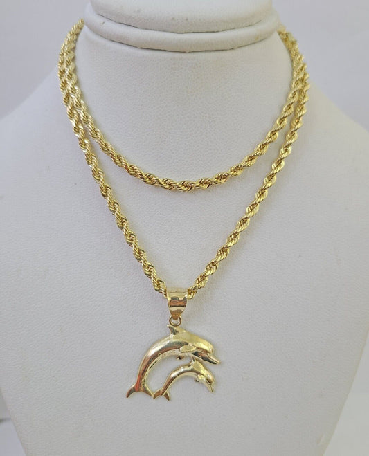 10k 3mm Rope Chain Dolphin Pendant 18" 20" 22" 24" 26" 28" 30" Gold Set Charm