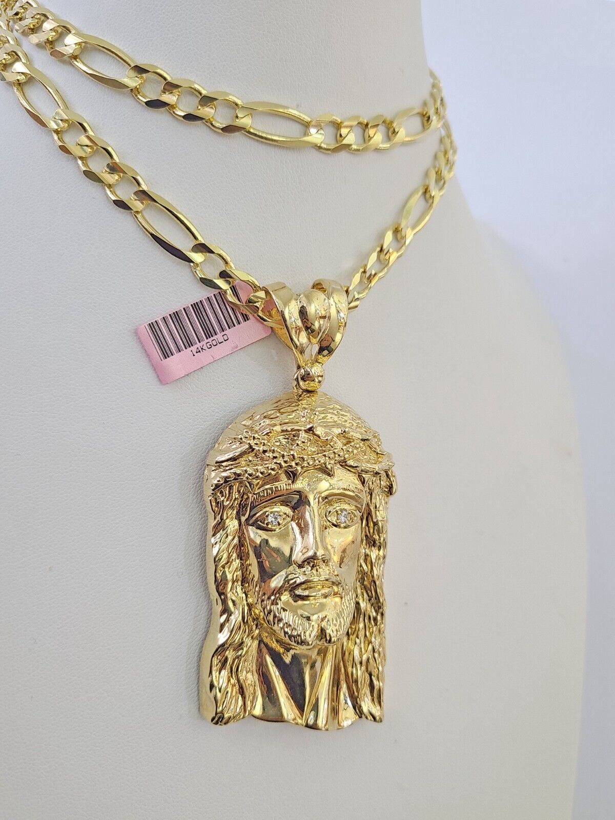 14k Figaro Solid Chain Jesus Head Charm Pendant Gold 7mm 20-30 inch SET Necklace