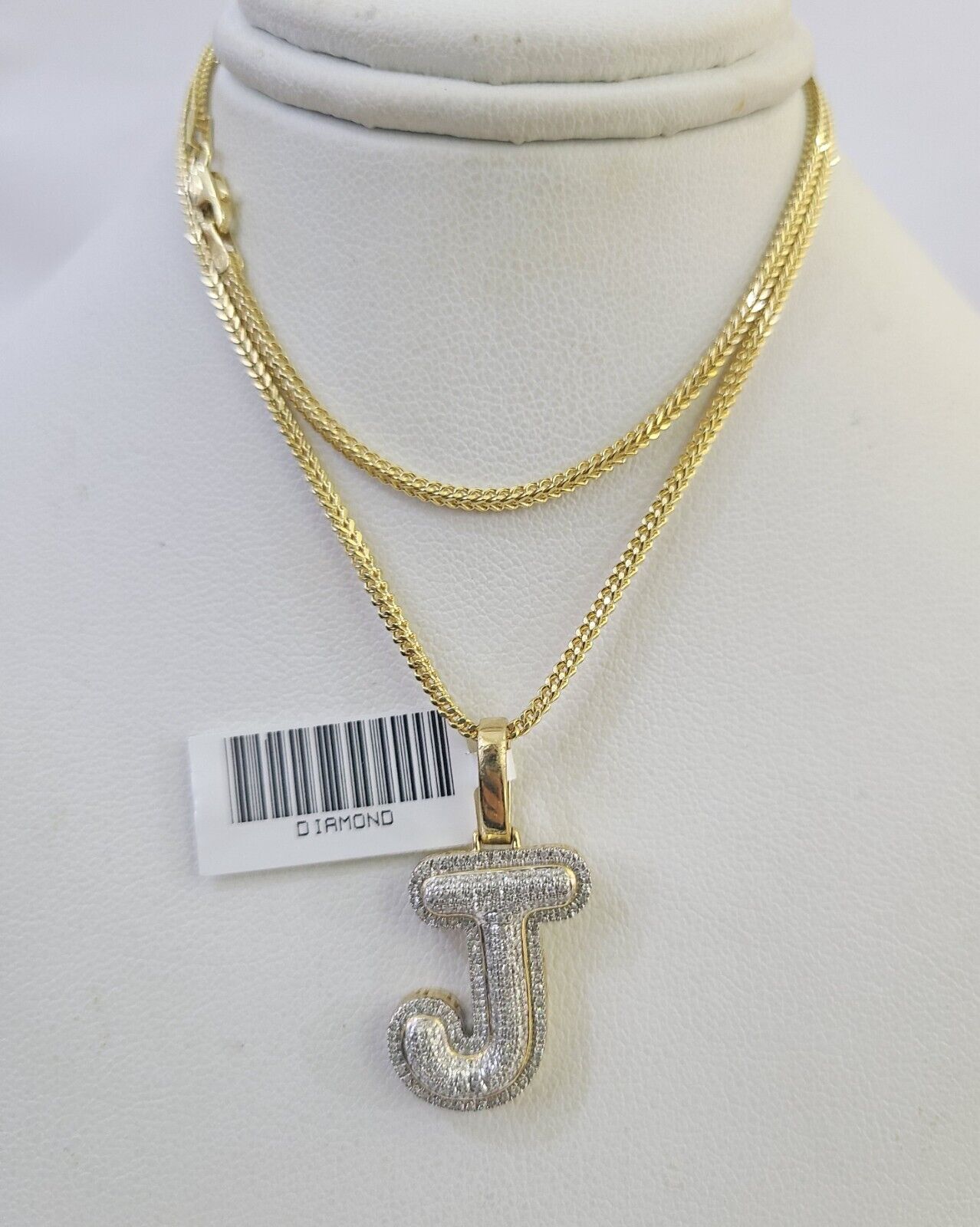 10K Franco Chain Diamond J Pendant Initial Charm Letter Necklace 18"-24" 1.5mm