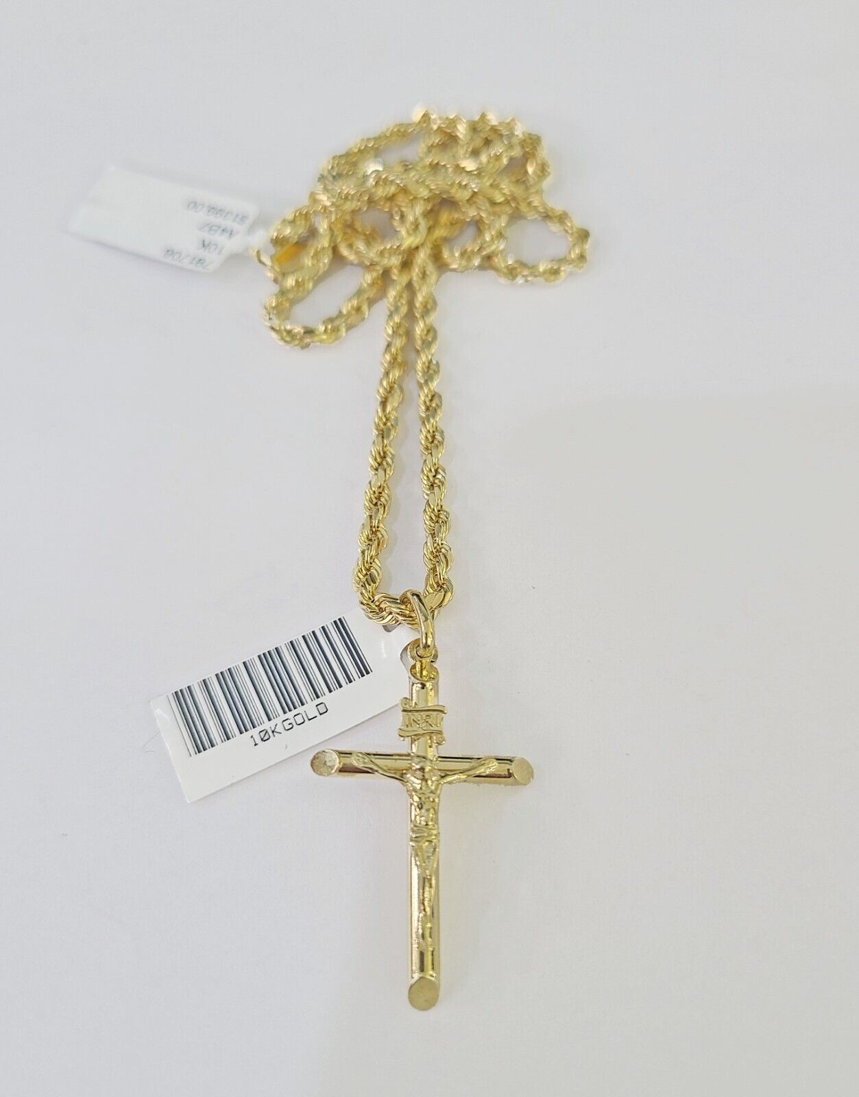 Real 10k 3mm Rope Chain INRI Cross Pendant 18" 20" 22" 24" 26" Gold Set