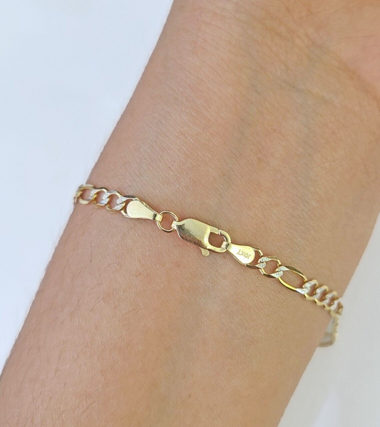 Real 10k Yellow Gold Figaro link Bracelet 3mm 7.5" Inch Men women Diamond Cut