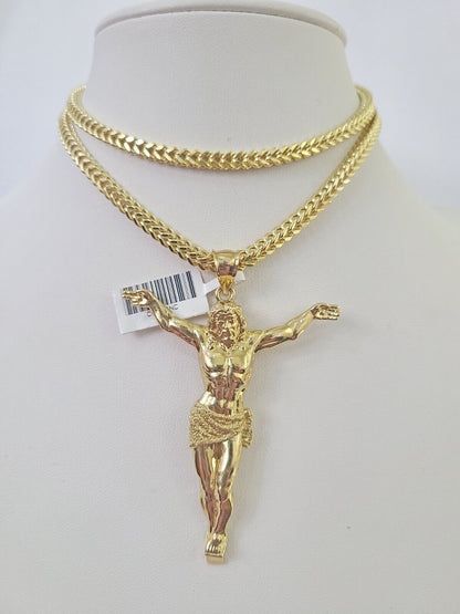 10K Franco Chain Jesus Pendant Charm Necklace 20"-28" 4mm Gold SET Yellow