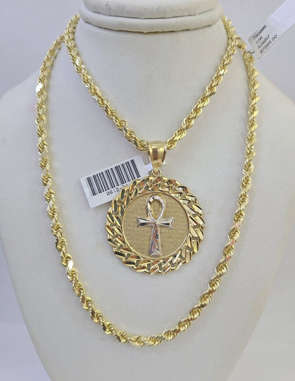 10k Solid Rope Chain Ankh Cross Charm Set 4mm 20"-28" Necklace Gold Yellow