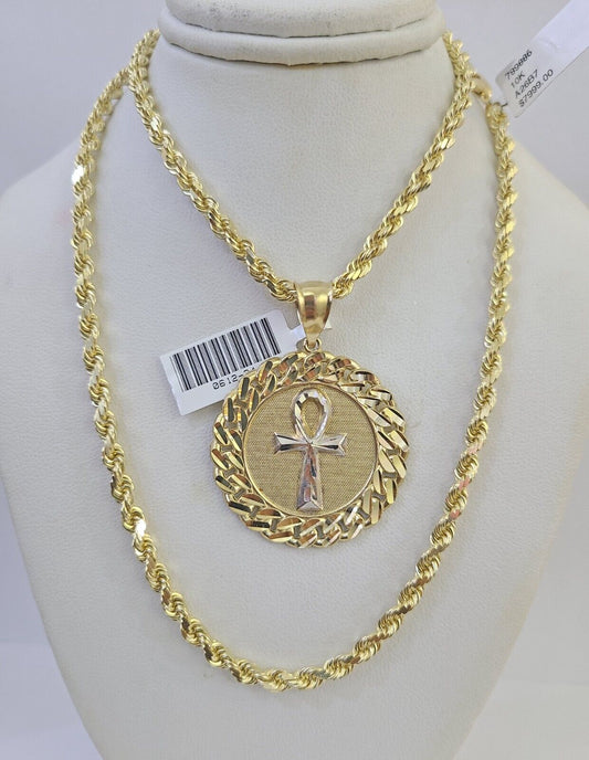 10k Solid Rope Chain Ankh Cross Charm Set 4mm 20"-28" Necklace Gold Yellow