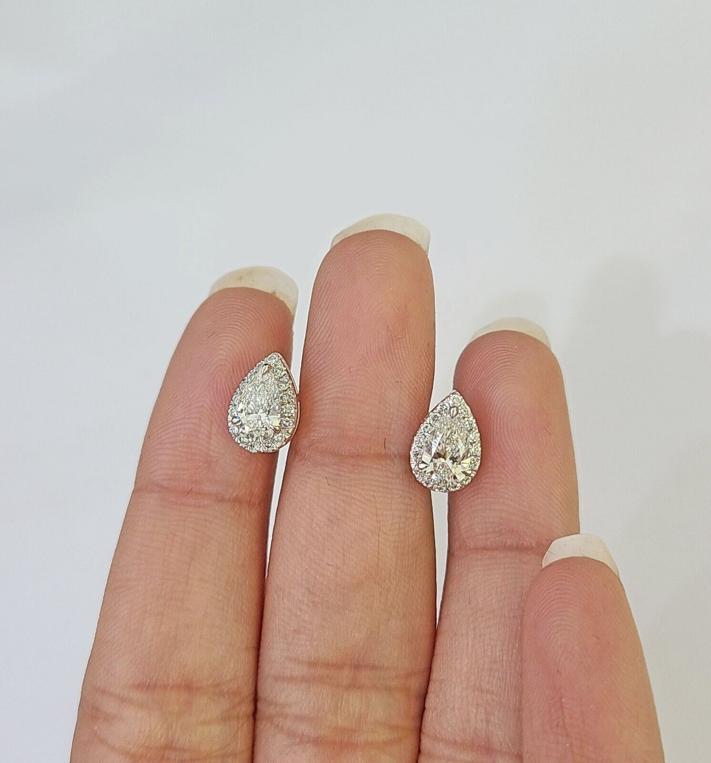 14k White gold Pear Earrings Diamond screw-back Lab Created Women Men Studs