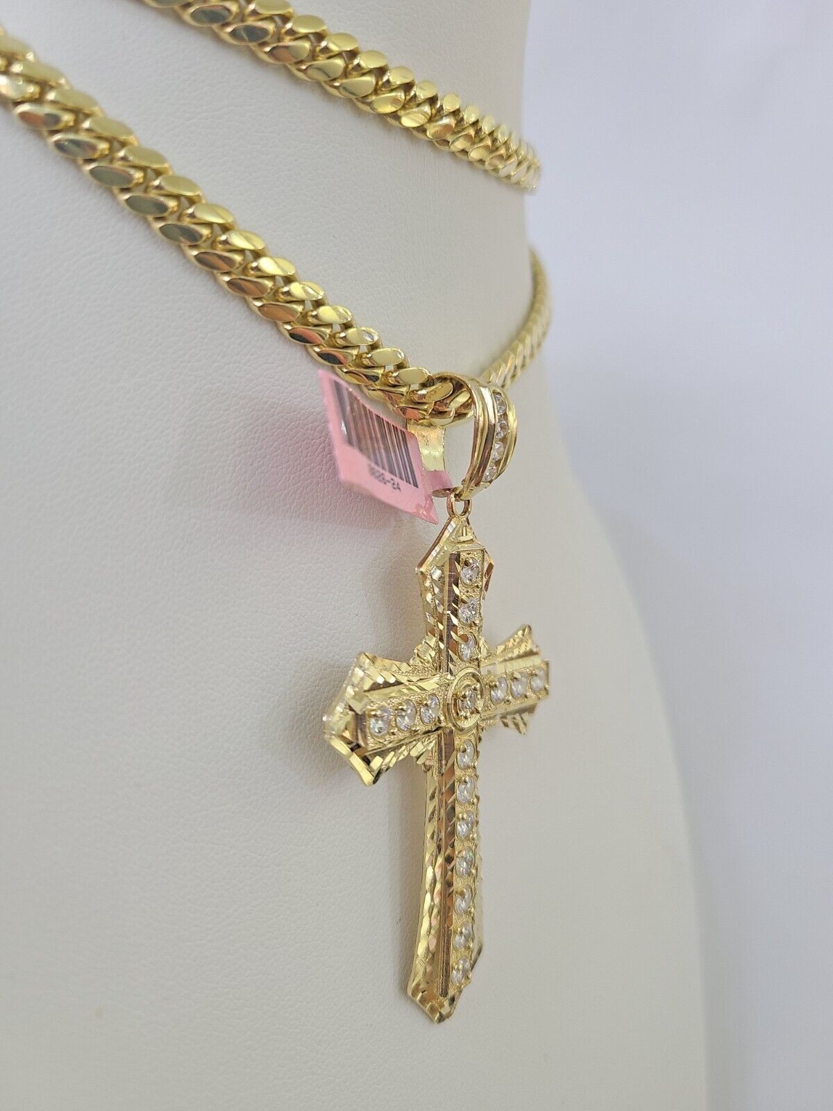 Real 14k Solid Chain Cross Charm Set Miami Cuban Link 6mm Necklace Pendant Gold