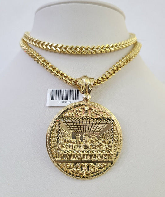 10K Franco Chain Last Supper Pendant Charm Necklace 20"-26" 5mm Yellow Gold SET