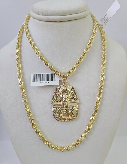 10k Solid Rope Chain Pharaoh Charm Set 4mm 20"-28" Necklace Gold Yellow