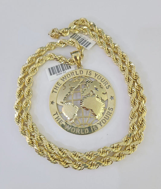 Real 10k Rope Chain World is Yours Charm Set 7mm 20"-28" Inch Necklace Gold