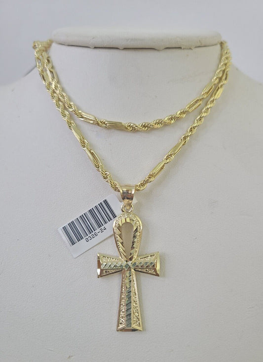 10k Milano Rope Chain Ankh Jesus Cross Charm Necklace SET 3mm 18" 20" 22" 24"