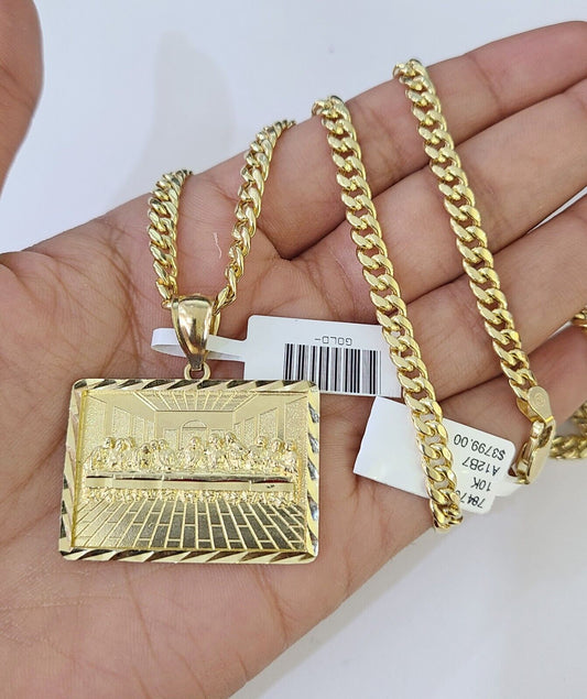 Real 10k Miami Cuban Chain Last Supper Charm Set 4mm Yellow Gold Necklace