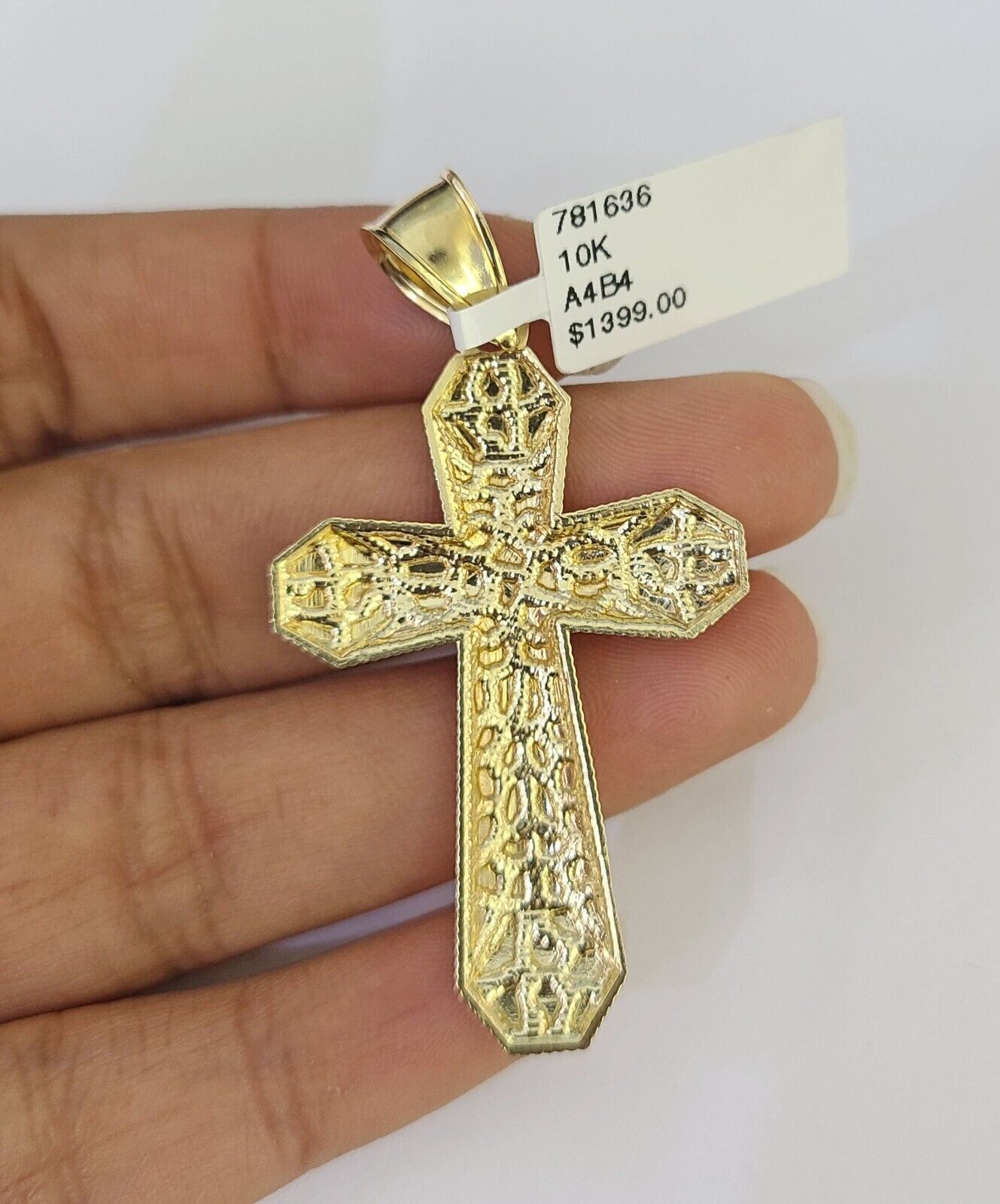 Solid 10k Gold Cuban Curb Chain Nugget Cross Pendant 6mm 20"-30" SET Necklace Two-tone