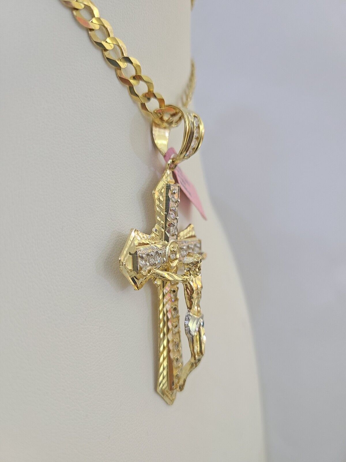 14k Gold Chain Jesus Cross Charm Solid Cuban Curb 5mm 20"-28" Inch SET Necklace