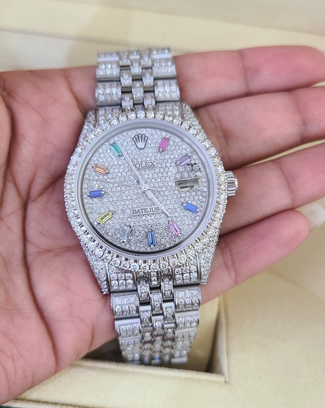 ROLEX Mens Datejust Rainbow Dial Iced Out Fully Load Genuine Diamonds 36mm Watch