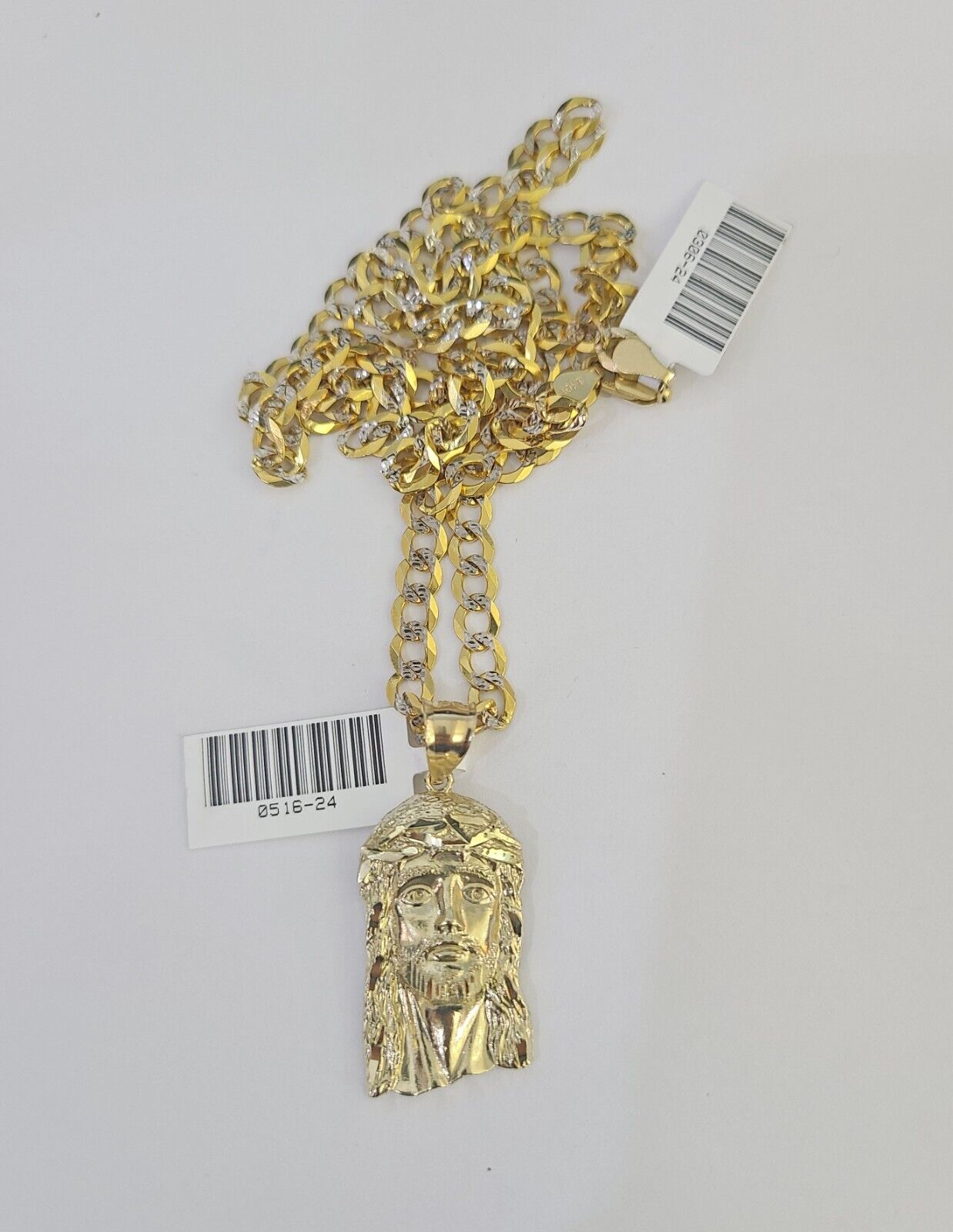 10k Gold Chain Jesus Head Charm Solid Cuban Curb Link 5mm 18"-28" Inch SET