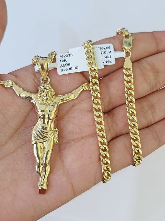 Real 10k Miami Cuban Chain Jesus Charm Set 4mm Yellow Gold Necklace Pendant