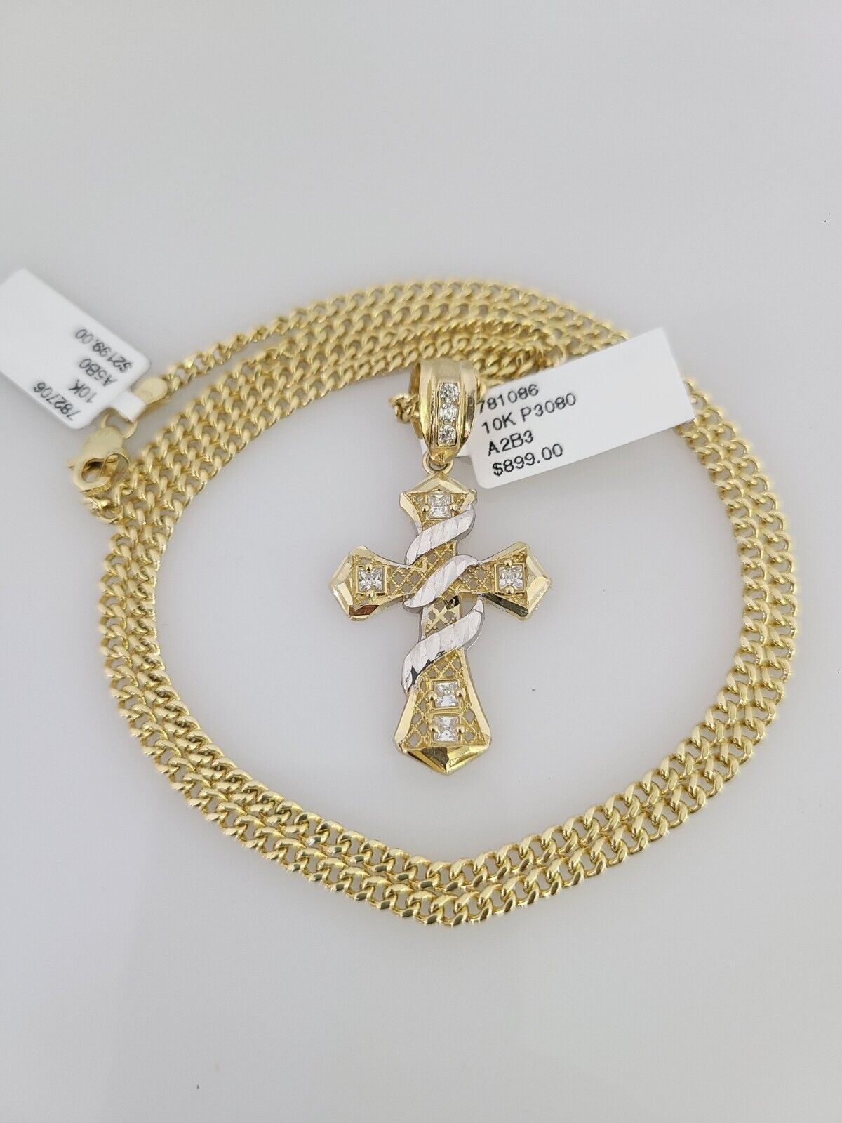 10k Gold Miami Cuban Chain Spiral Cross Charm Pendant 3mm 18-28in Necklace Set