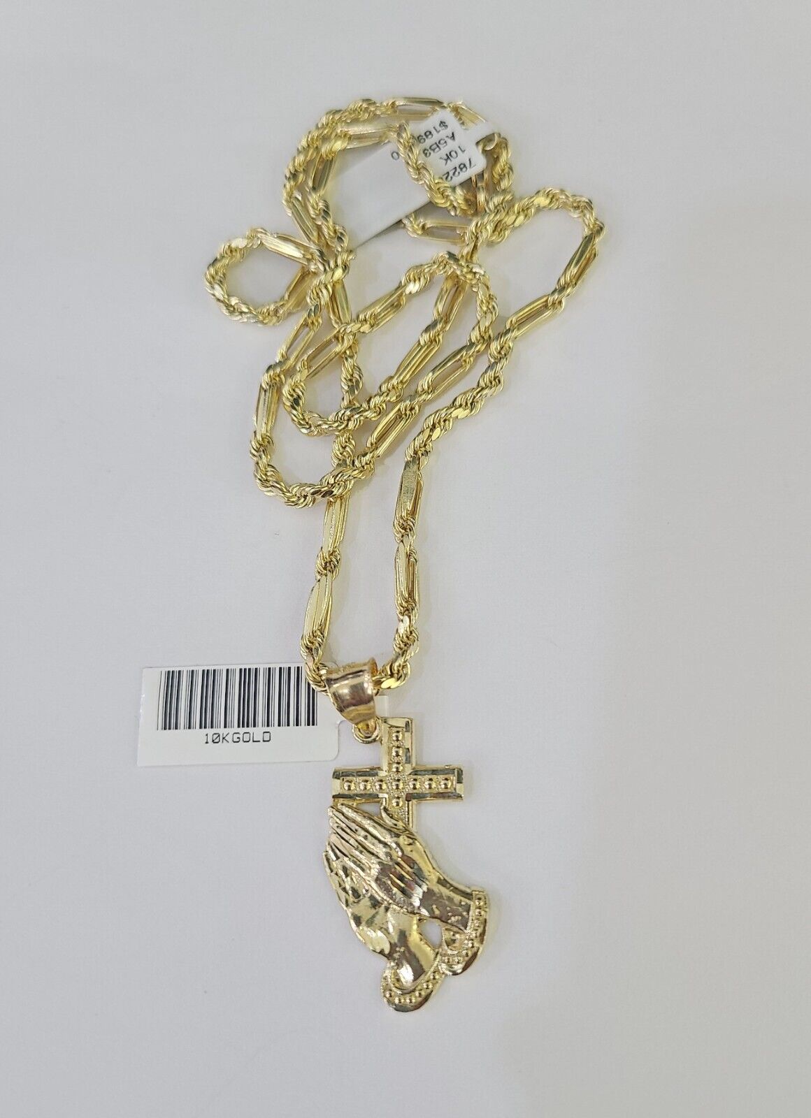 10k Milano Rope Chain Praying Hands Cross Charm Necklace SET 3mm 18" 20" 22" 24"