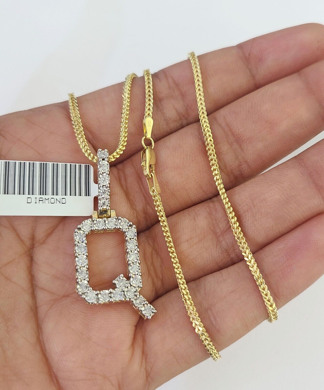 10K Franco Chain Diamond Q Pendant Initial Charm Letter Necklace 18"-24" 1.5mm