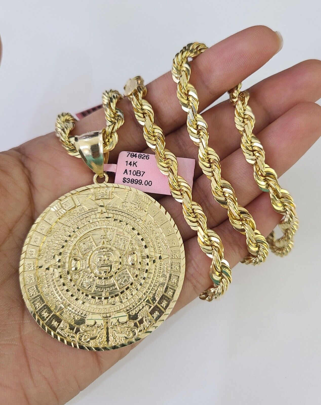 Real 14k Solid Rope Chain Mayan Calendar Charm Set 6mm 18"-30" Necklace Gold