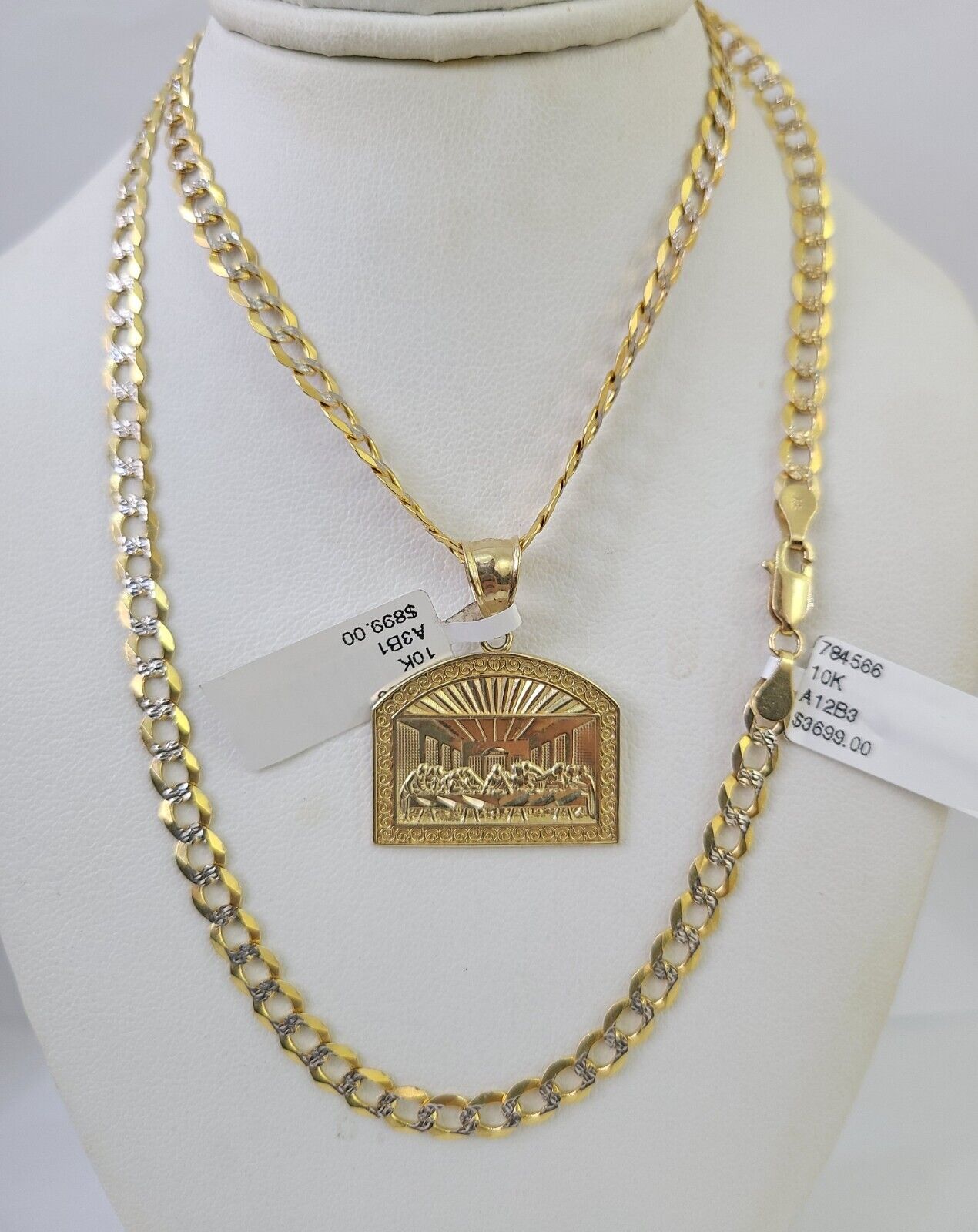 10k Gold Chain Last Supper Charm Solid Cuban Curb Link 5mm 18"-28" Inch SET