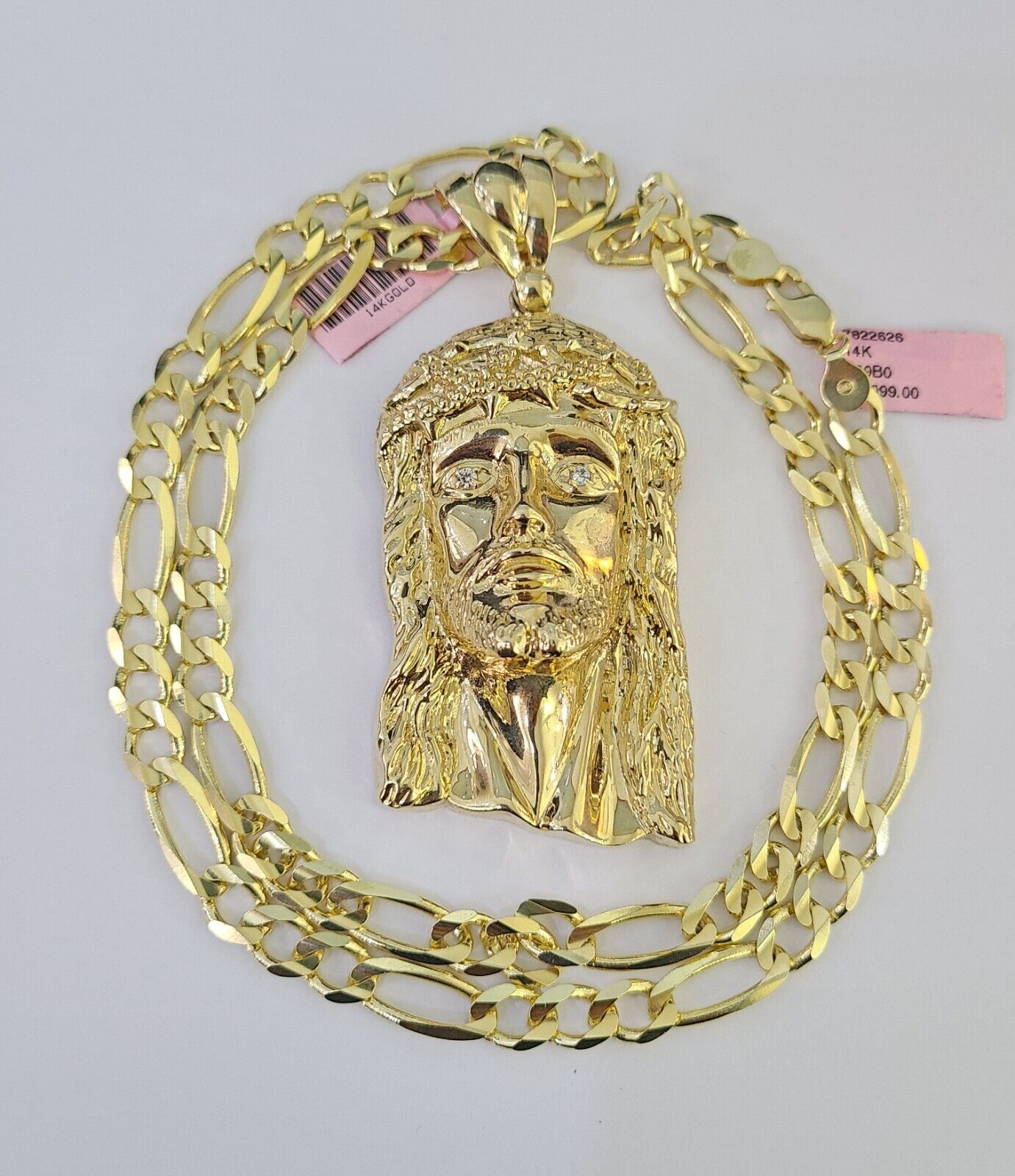 14k Figaro Solid Chain Jesus Head Charm Pendant Gold 7mm 20-30 inch SET Necklace