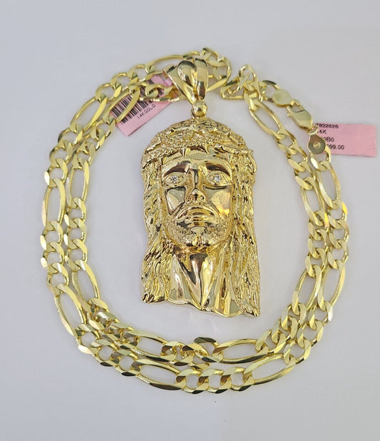 14k Figaro Solid Chain Jesus Head Charm Pendant Gold 7mm 20-30 inch SET Necklace