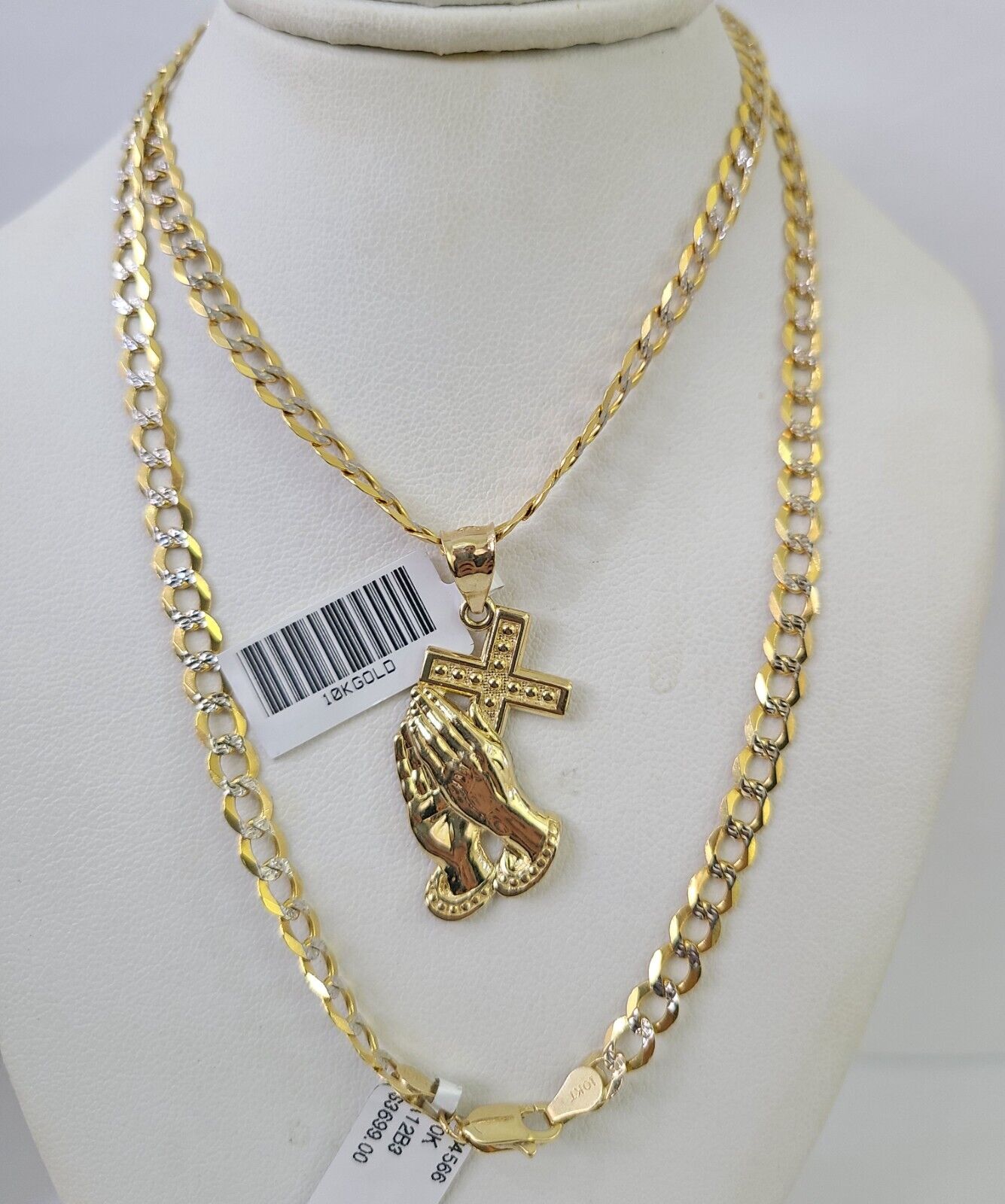 10k Gold Chain Praying Hand Charm Solid Cuban Curb 5mm 18"-28" Inch SET Necklace