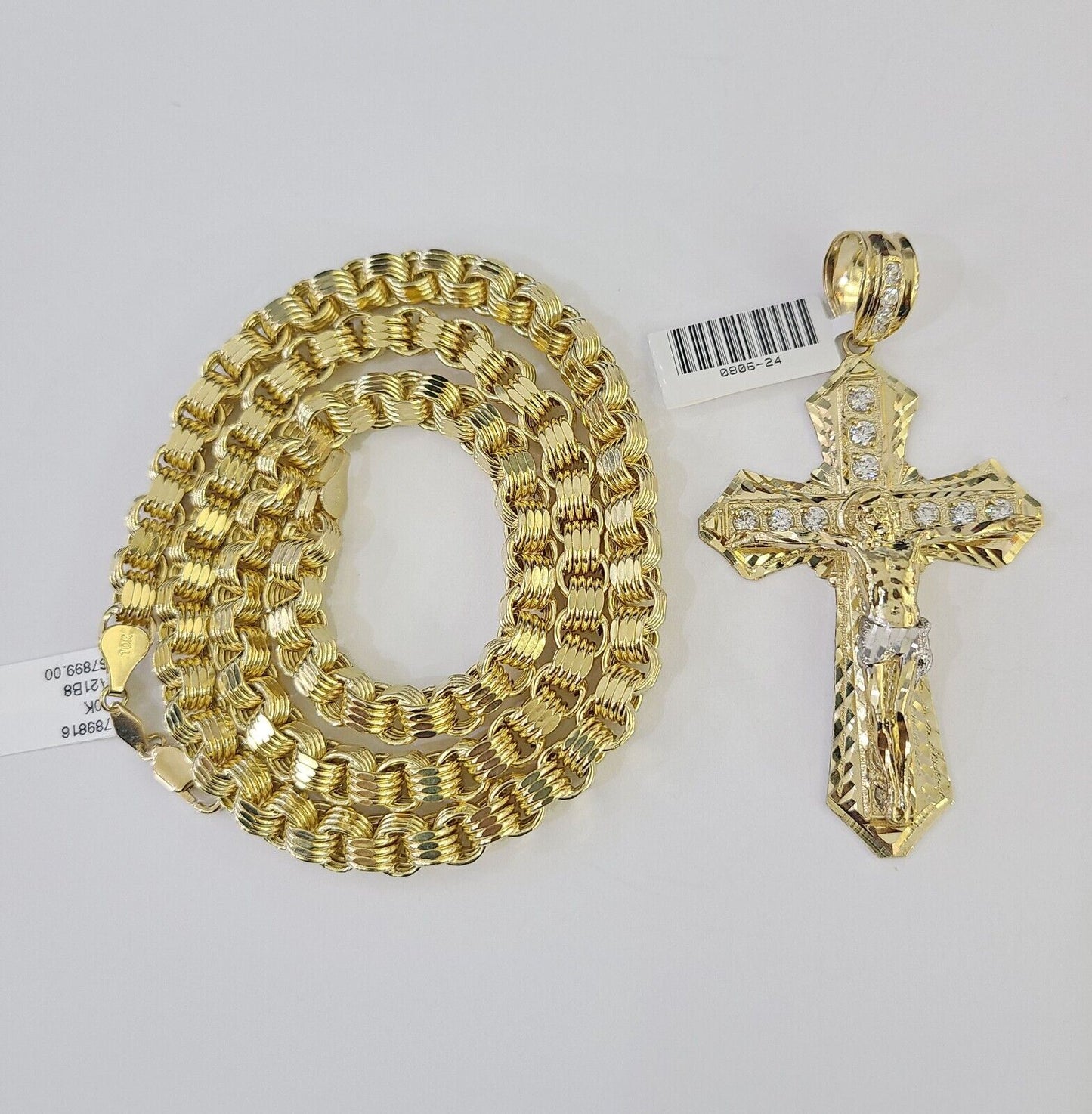 10k Gold Byzantine Necklace Jesus Cross Charm 20-30 inches 6mm SET Chain Pendant