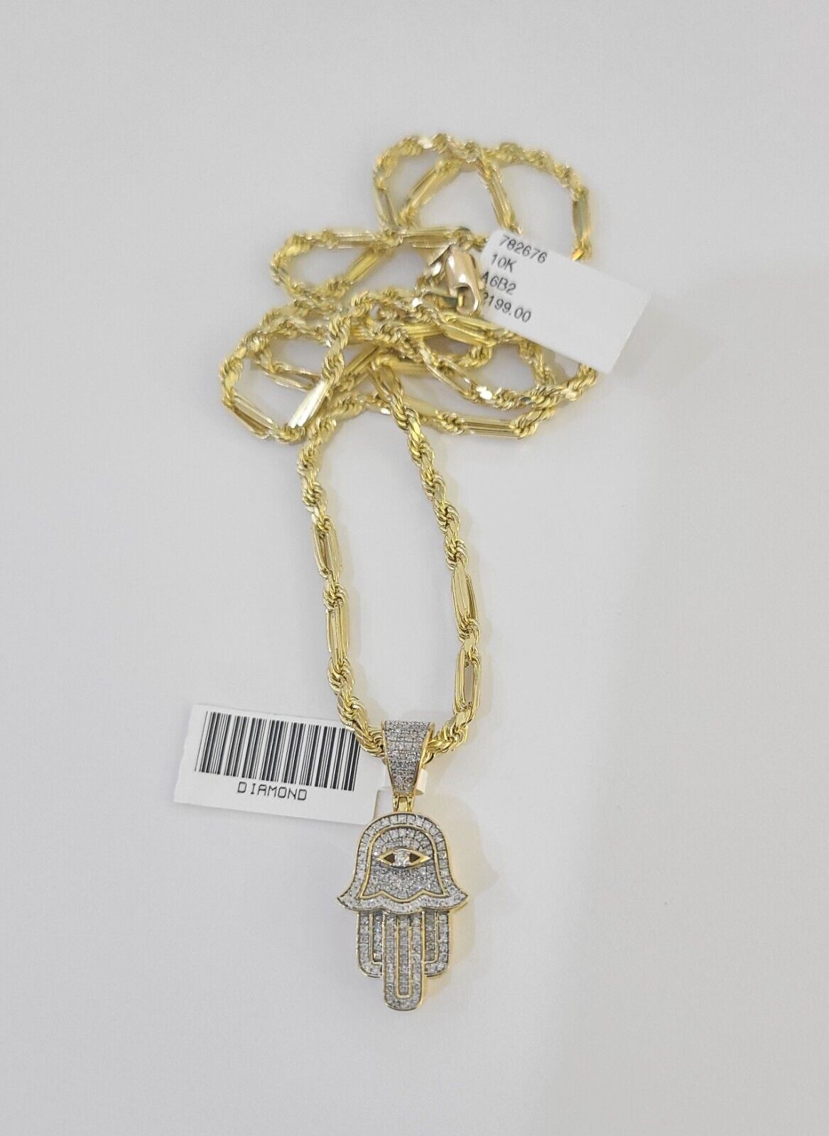 Real 10k Milano Rope Chain Diamond Hamsa Charm Necklace SET 3mm 18" 20" 22" 24"