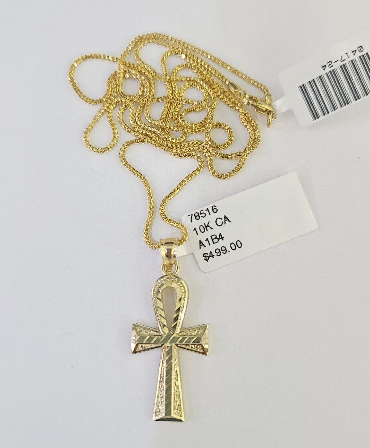 10K Solid Franco Chain Ankh Cross Pendant Charm Necklace 18"-24" 1.5mm Gold