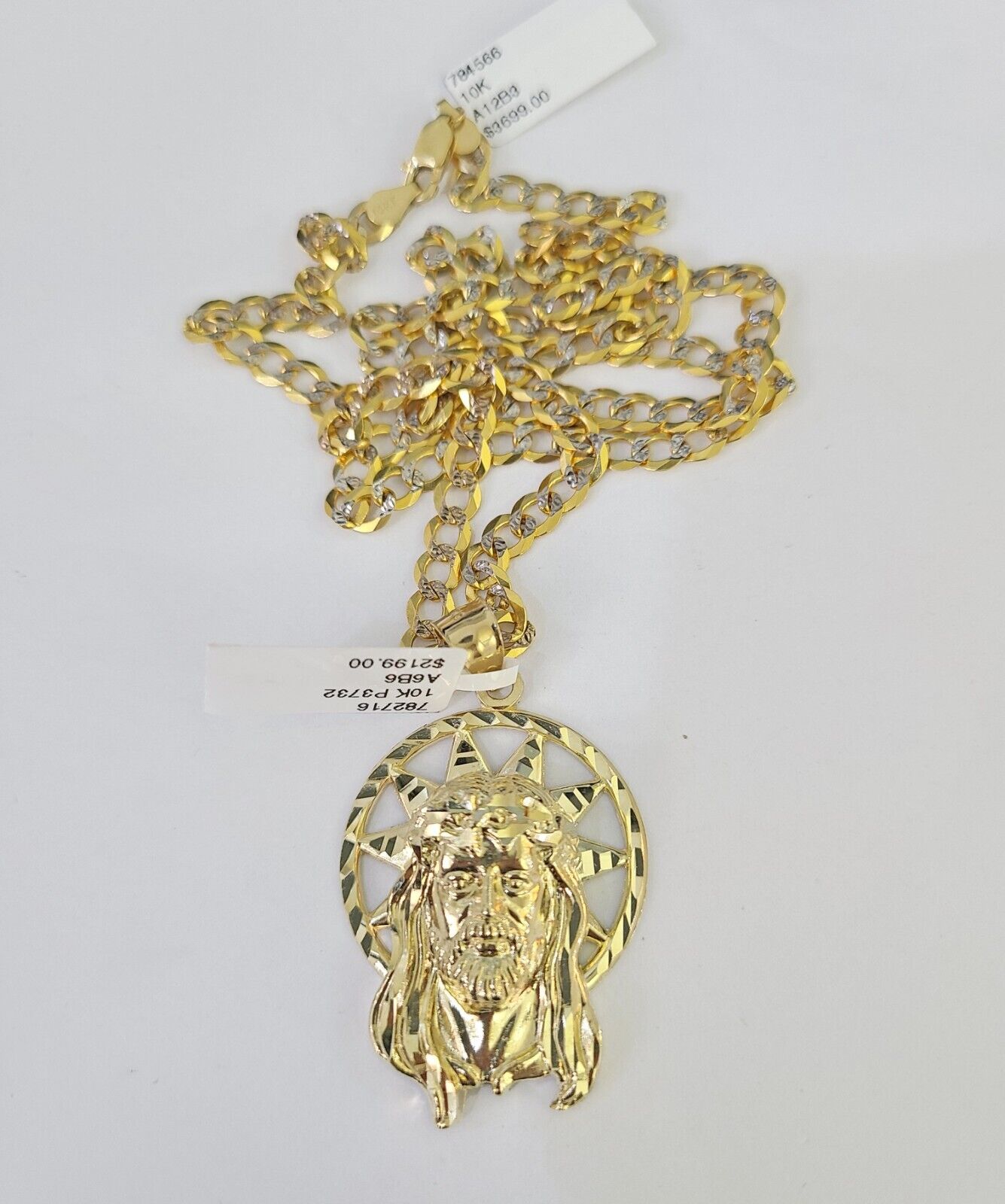 10k Gold Chain Jesus Head Charm Solid Cuban Curb Link 5mm 18"-28" Inch SET