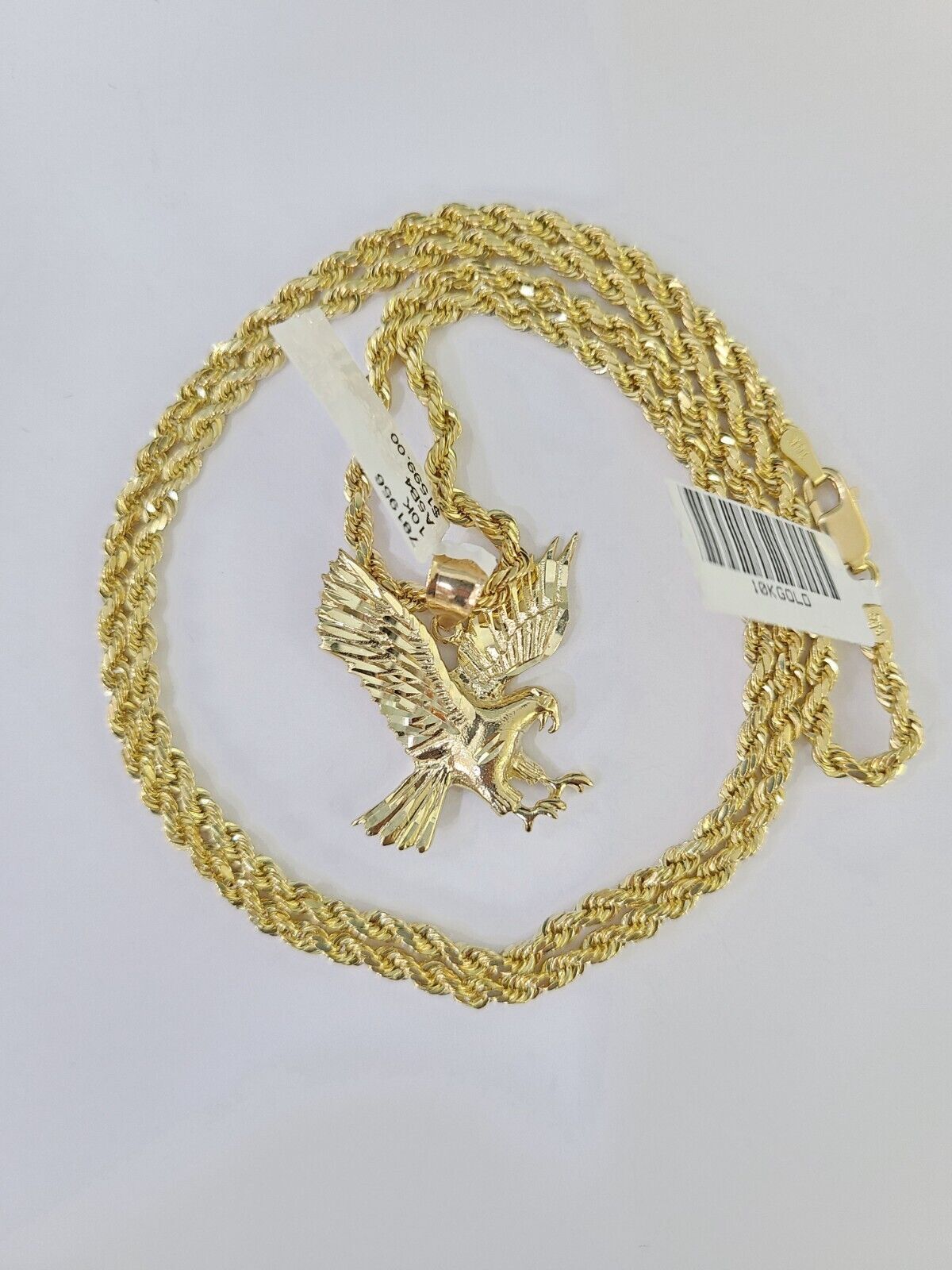 Real 10k 3mm Rope Chain Eagle Pendant 18" 20" 22" 24" 26" Gold Set