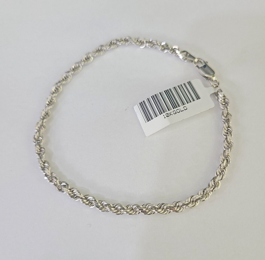 Real 10K Rope Bracelet White Gold Solid 3mm 7Inch Lobster Lock Unisex  Genuine