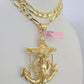 14k Solid Figaro Chain Jesus Anchor Pendant Gold 7mm 20-30 inch SET Necklace