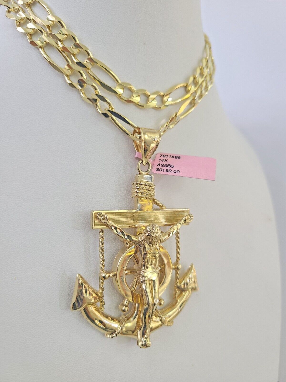 14k Solid Figaro Chain Jesus Anchor Pendant Gold 7mm 20-30 inch SET Necklace