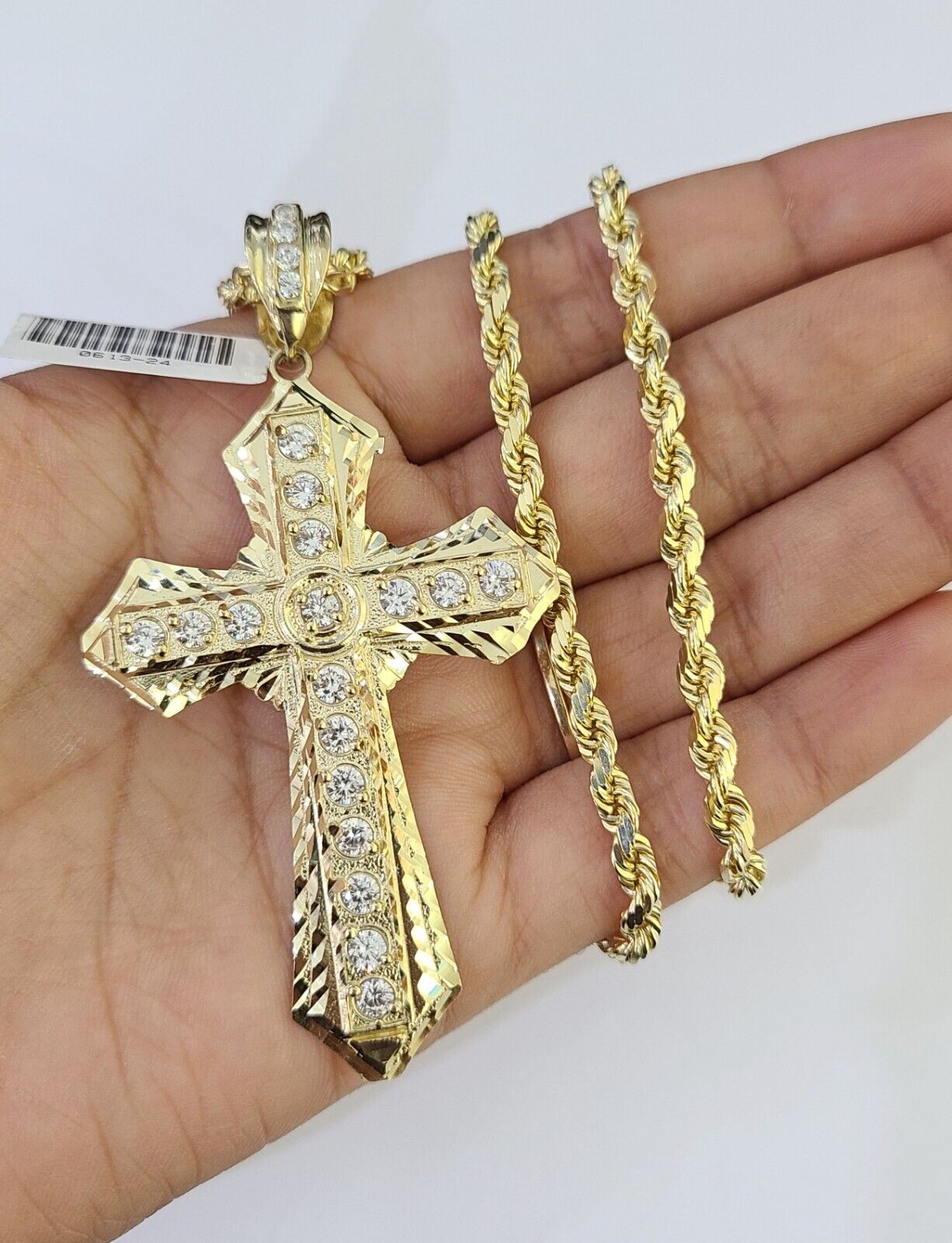 10k Solid Rope Chain Jesus Cross Charm Set 4mm 18"-28" Necklace Yellow Gold